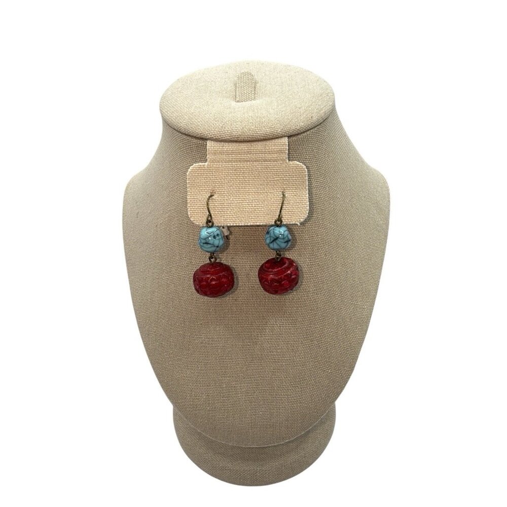 Vtg Turquoise Red Stone Wood Dangle Festival BOHO Southwestern Earrings - Picture 5 of 5